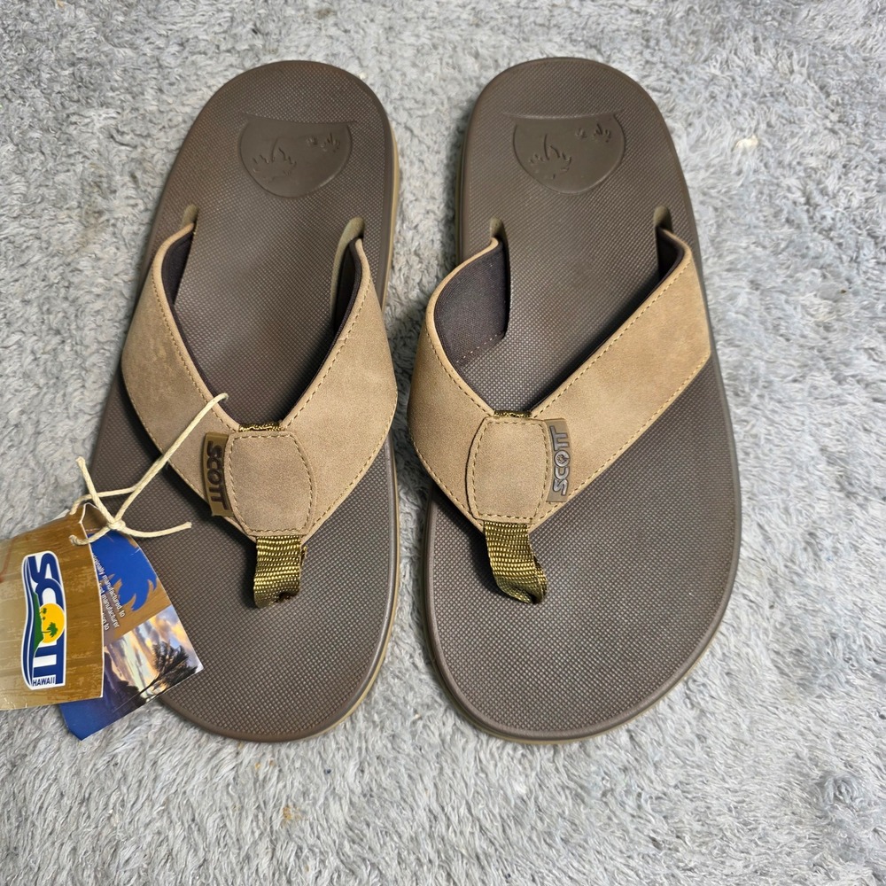 Scott Hawaii Makaha Flip Flops Brown Tan Vegan Leather Mens 7 NWT